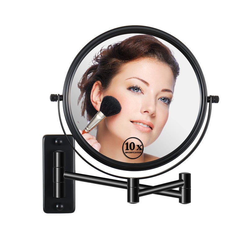 LANSI Wall Mounted Magnifying Makeup Mirror with 1X 10X Magnification and Extendable Arm, 8 Inch Double Sided Vanity Mirror for Bathroom, Wall Mirror for Teen Girls, Women, Matte Black - Image 1